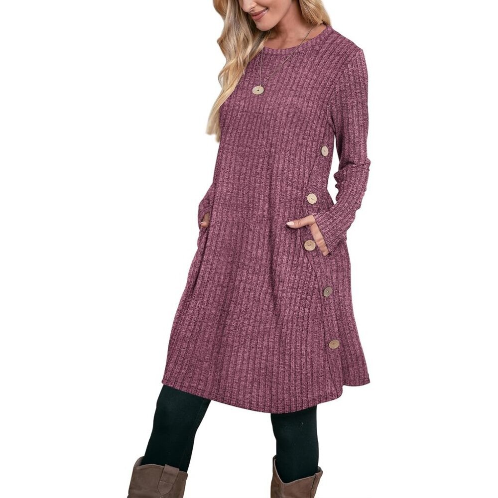 Ofeefan Women's Ribbed Purple Crew Neck Long Sleeve Cozy Winter Tunic Dress